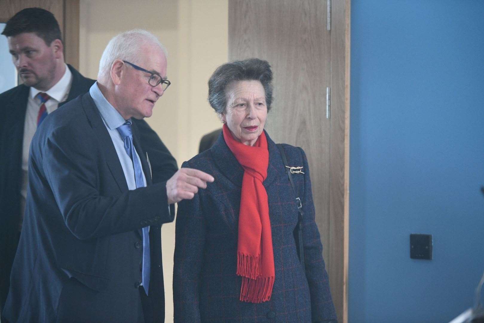 Princess Anne entering the new Rural and Veterinary Innovation Centre in Inverness.
