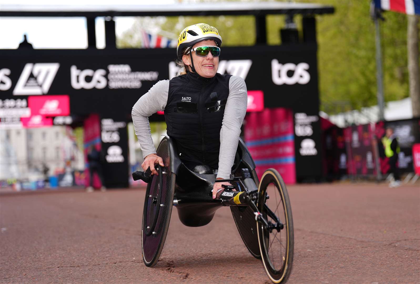 Catherine Debrunner after winning the women’s wheelchair race during the TCS London Marathon (John Walton/PA)