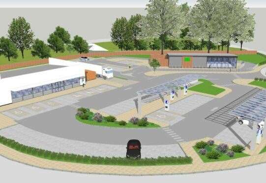 An artist's impression of the proposed food & drink hub, convenience store and EV charging station.