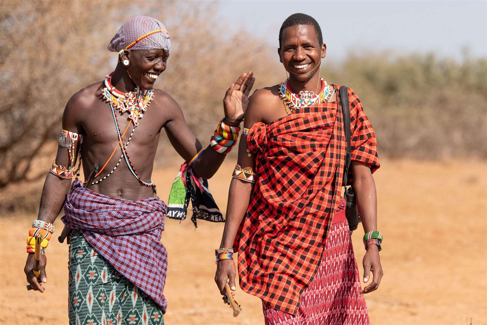 Jeneria Lekilelei (right) and one of the Ewaso Lions warriors. Picture: Sarah Marshall/PA