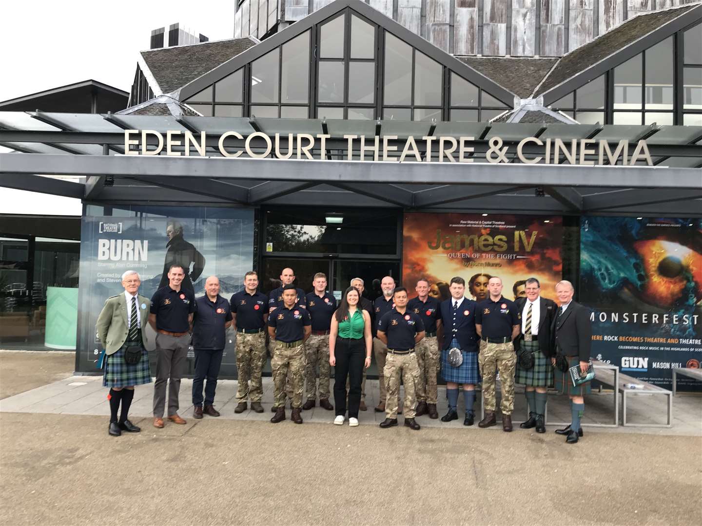 Alan Forbes, Convener of the Northern Meeting Piping Competitions( left of picture) and Bruce Hitchings and Derek Fraser, respective judge and official, with members of the Army School of Piping and Highland Drumming who are acting as stewards for the competitions.