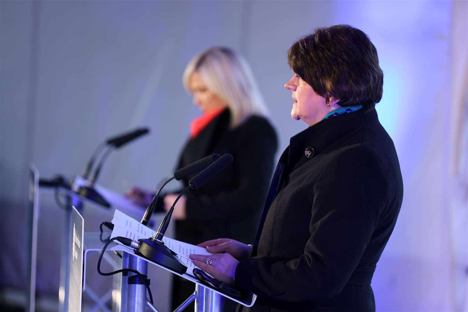 First Minister Arlene Foster and Deputy First Minister Michelle O’Neill during a media briefing at The Hill of O’Neill centre in Dungannon, Co Tyrone (Kelvin Boyes/Press Eye)