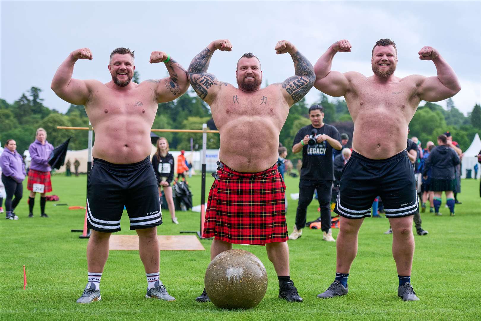 Luke (left) and Tom (right) Stoltman, with Eddie Hall. Picture: Sanjay Das