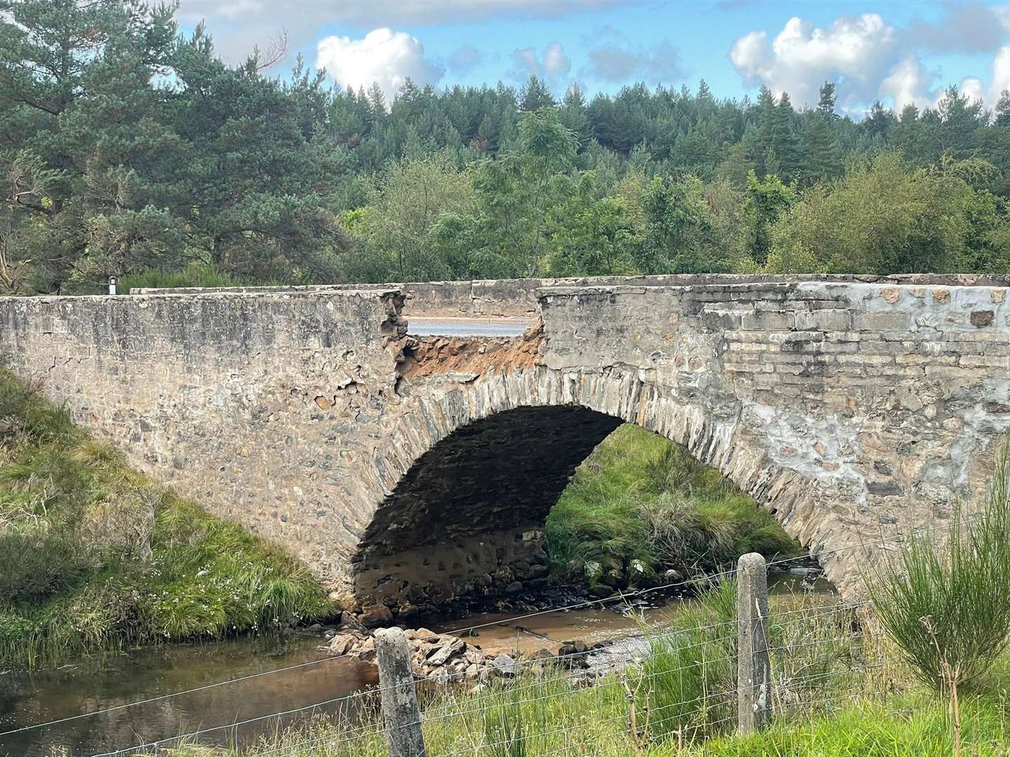 Part of the parapet at Dava Bridge has crumbled and fallen to the river below. Photo: CFS Services Scotland, Grantown