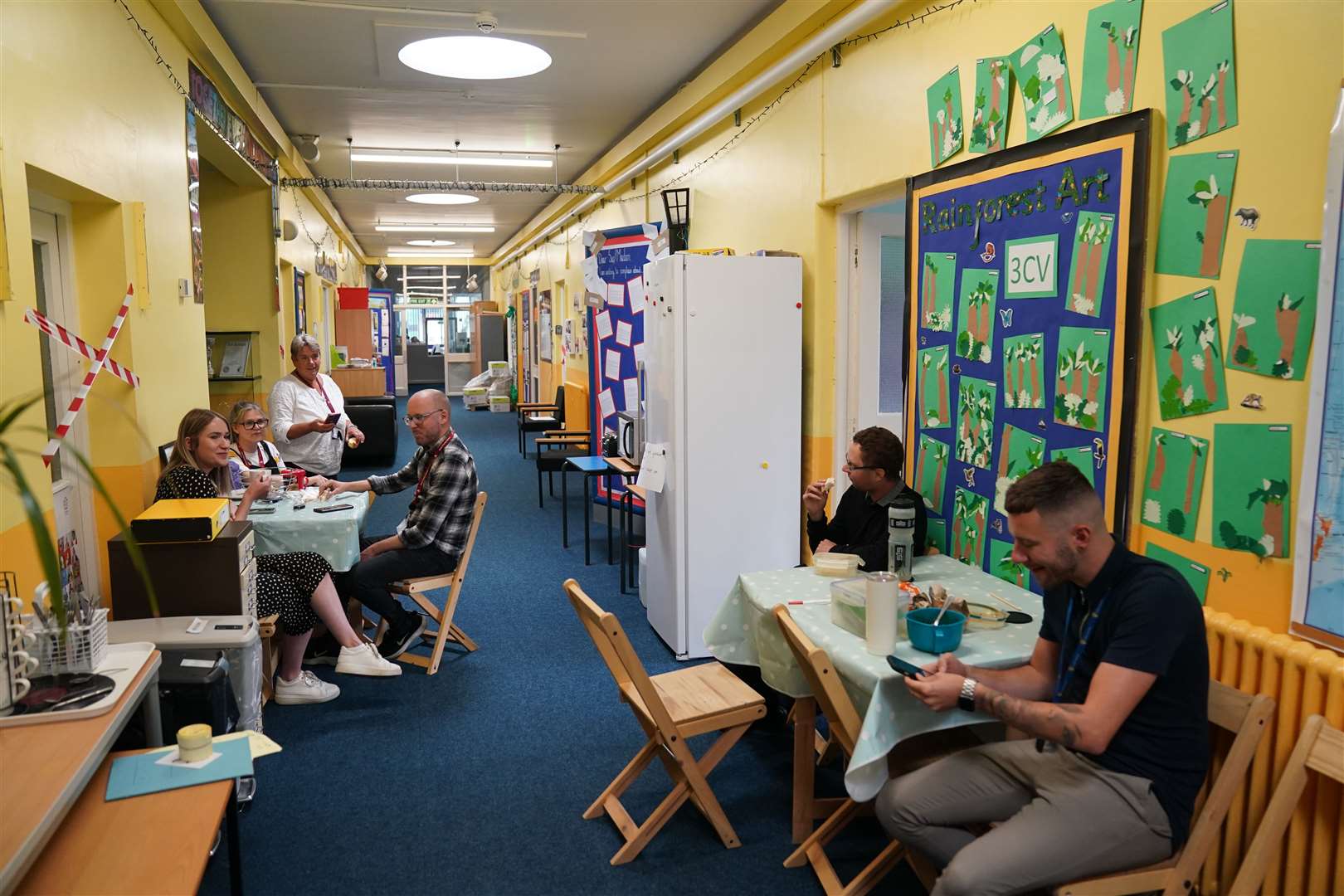 A temporary staff room in the corridor of Parks Primary School in Leicester, which has been affected by sub-standard Raac (Jacob King/PA)