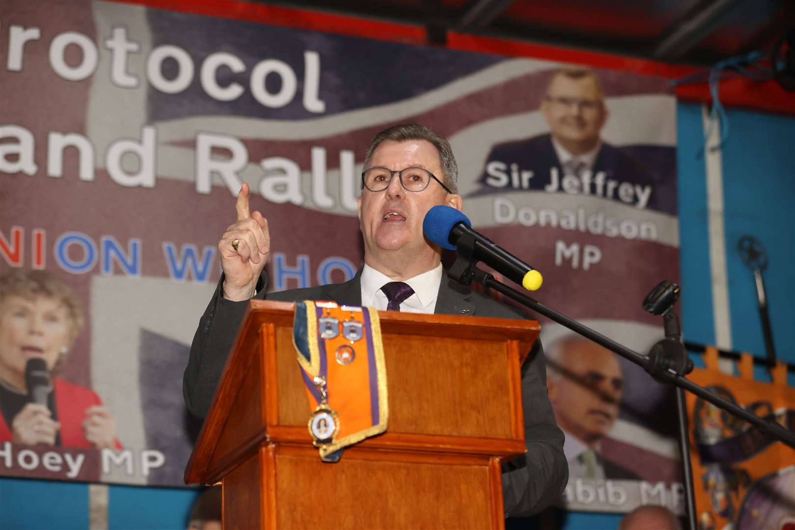 Sir Jeffrey Donaldson speaks during a anti-Northern Ireland Protocol rally in Ballymoney in March (PA)