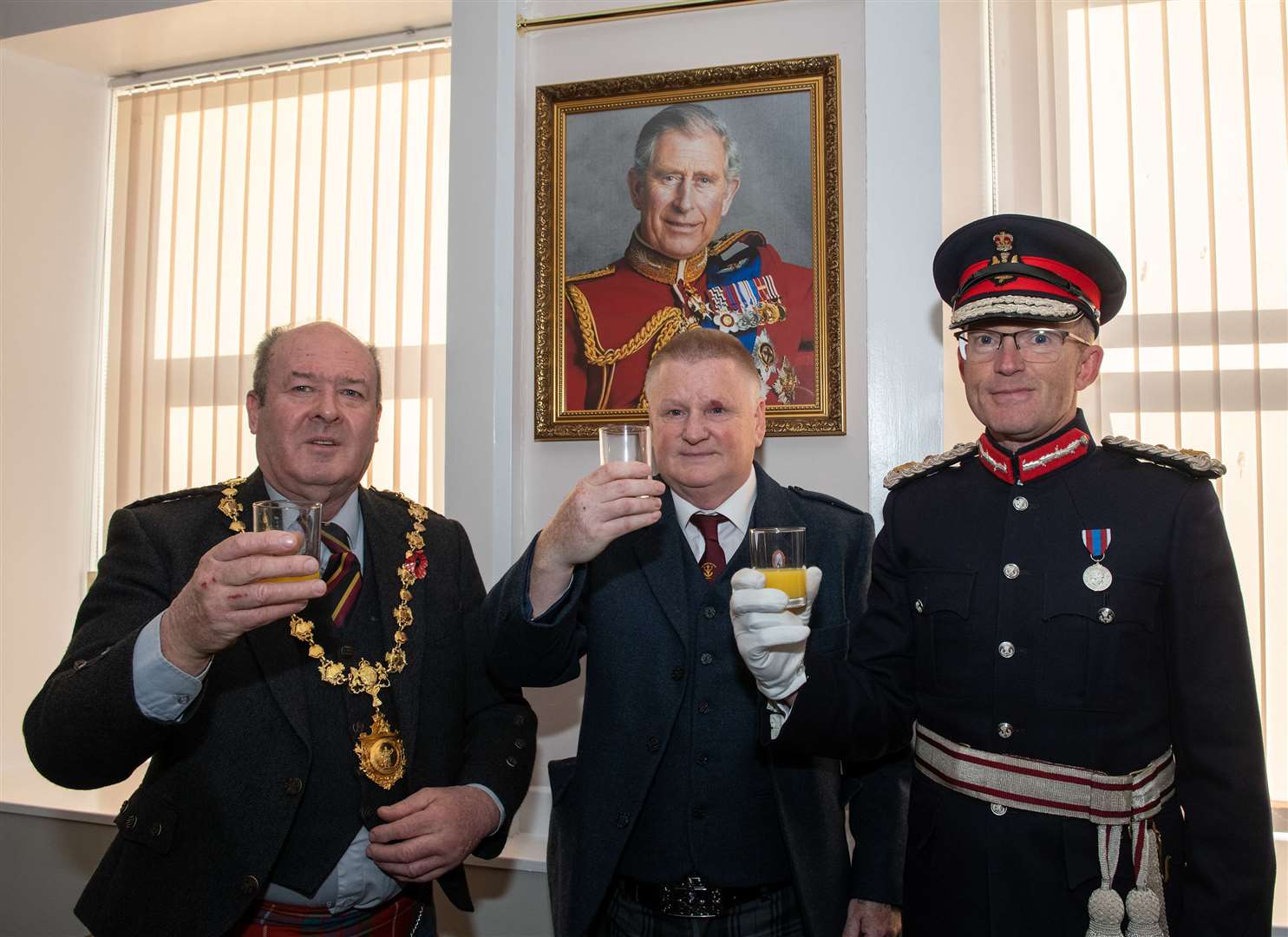 The unveiling of the portrait of King Charles at a ceremony held in The Seaforth Club, Nairn with (from left): Provost Laurie Fraser, Seaforth committee member Robert Hannah, Lord Lieutenant George Asher. Picture: Ian Macrae