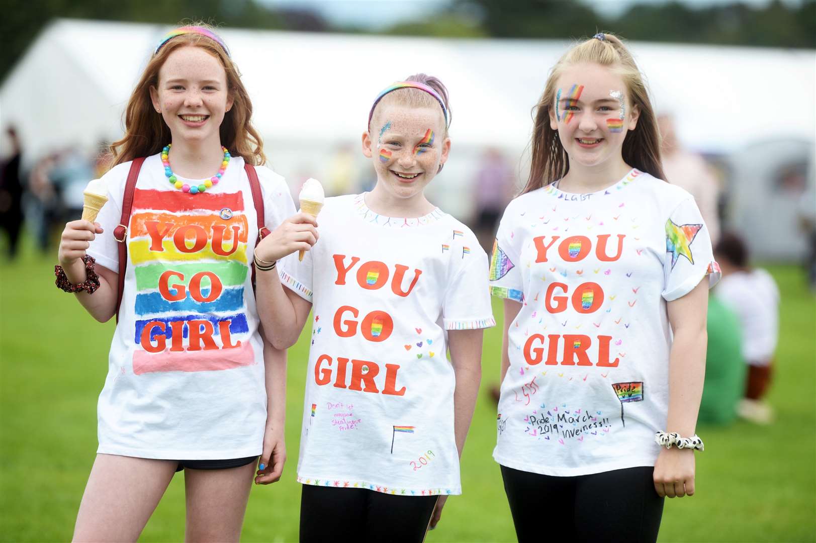 Inverness cousins Lily Robertson (10), Katie Robertson (10) and Kadie Robertson (12) at Proud Ness 2019. Picture: Gair Fraser