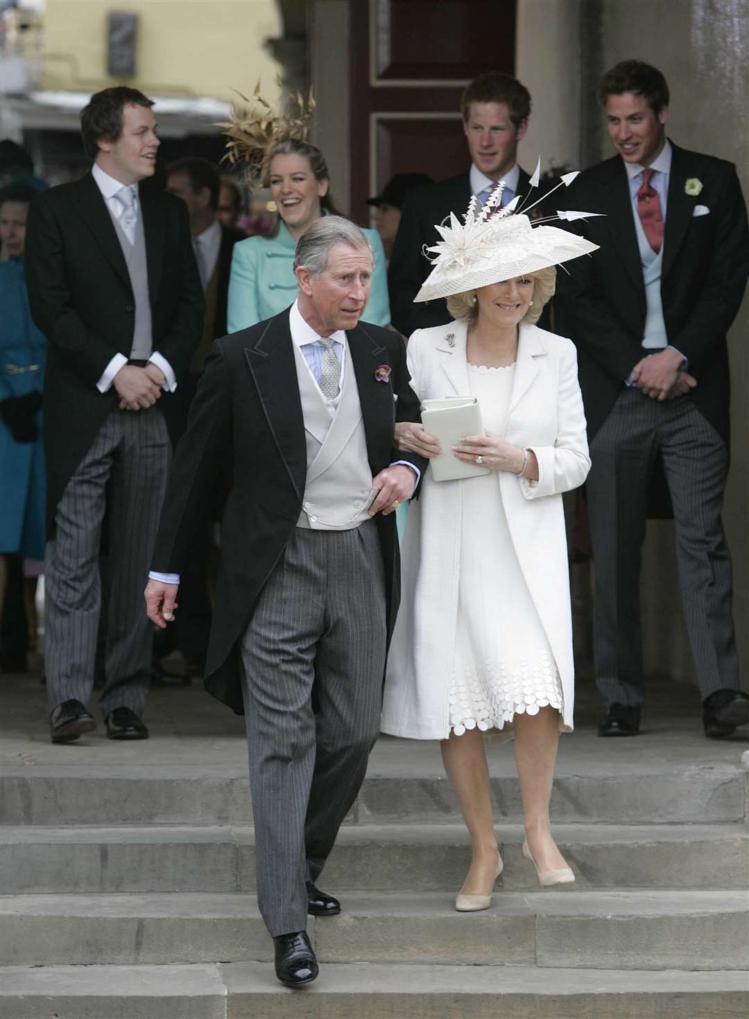 Charles and Camilla on their wedding day, with Camilla’s son Tom and daughter Laura, and Princes William and Harry (PA)