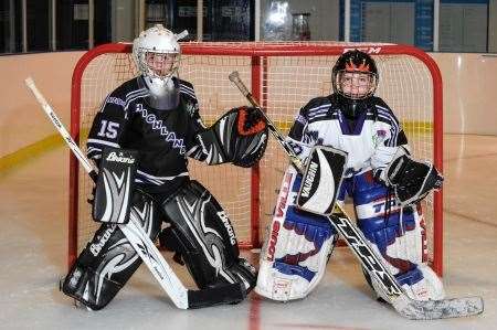 Brodie MacDonald (10) and John Bruce Allen (12) try out the goalkeeper position. Picture: Alasdair Allen. Image No.043158