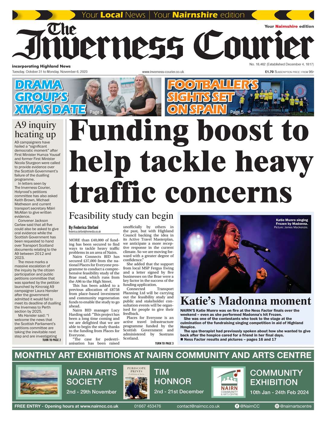 The Inverness Courier (Nairnshire edition), October 31, front page.