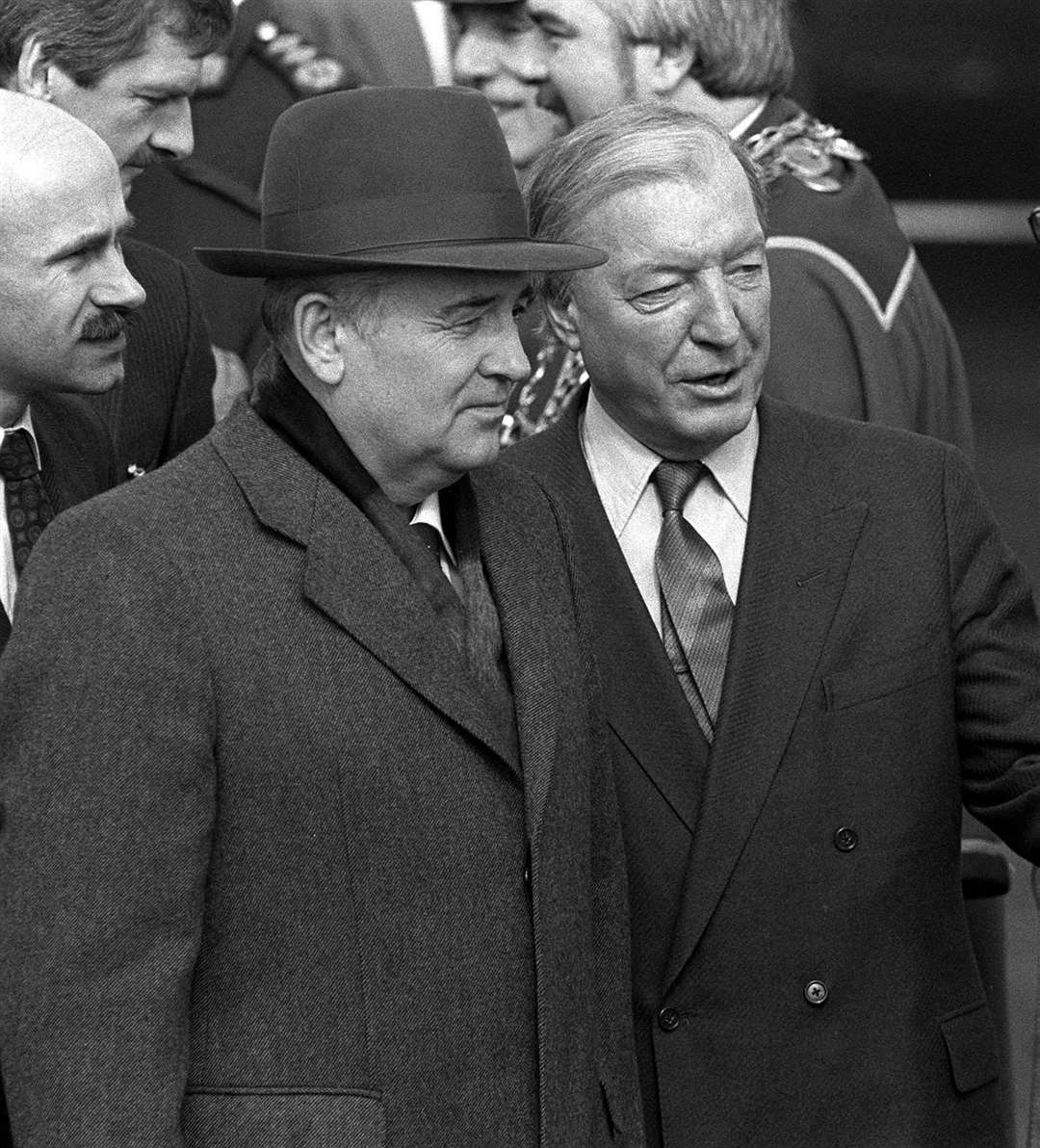 Mikhail Gorbachev with then Irish premier Charles Haughey at Shannon Airport (PA)