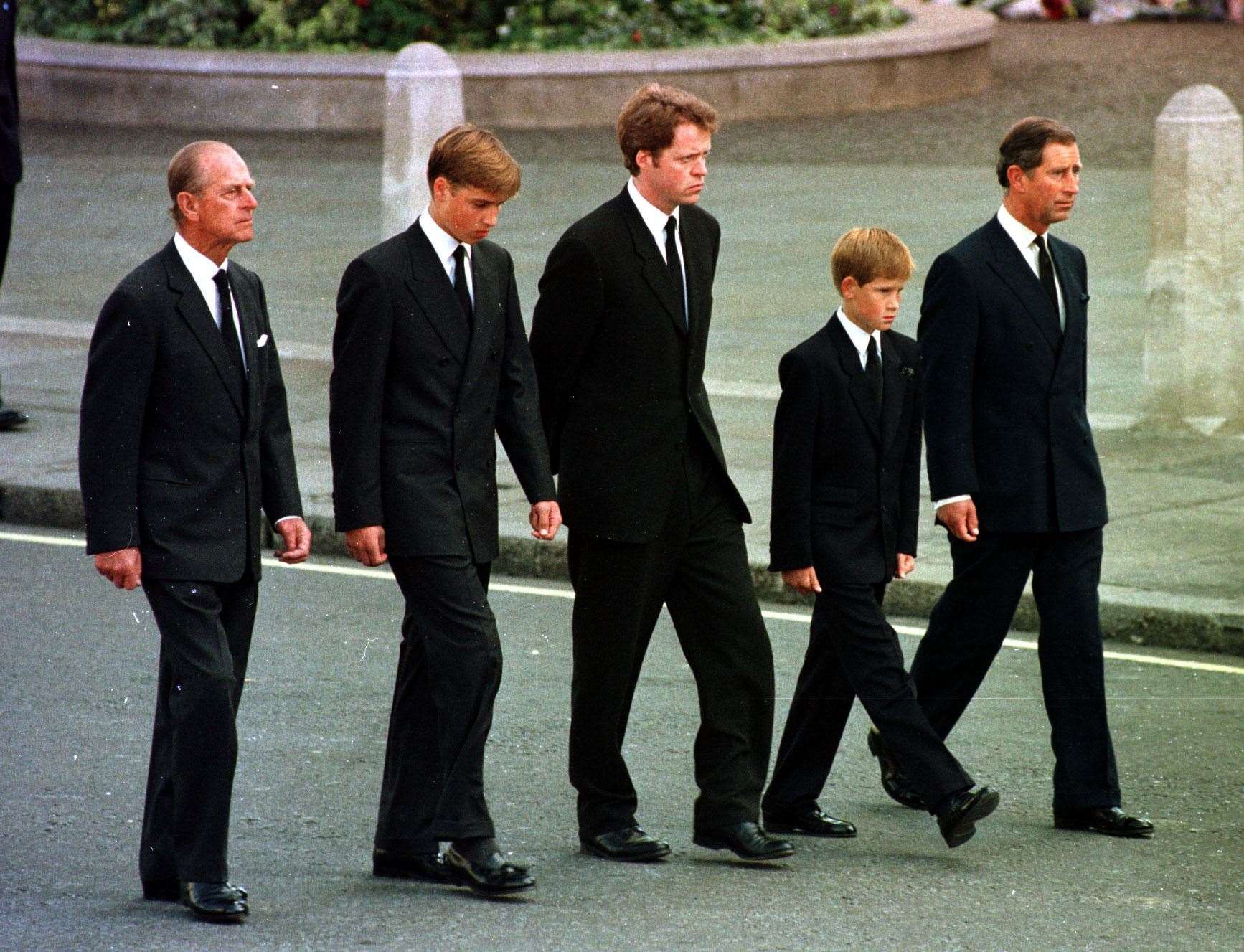 William and Harry joining the procession behind Diana’s coffin on the day of her funeral (Adam Butler/PA)