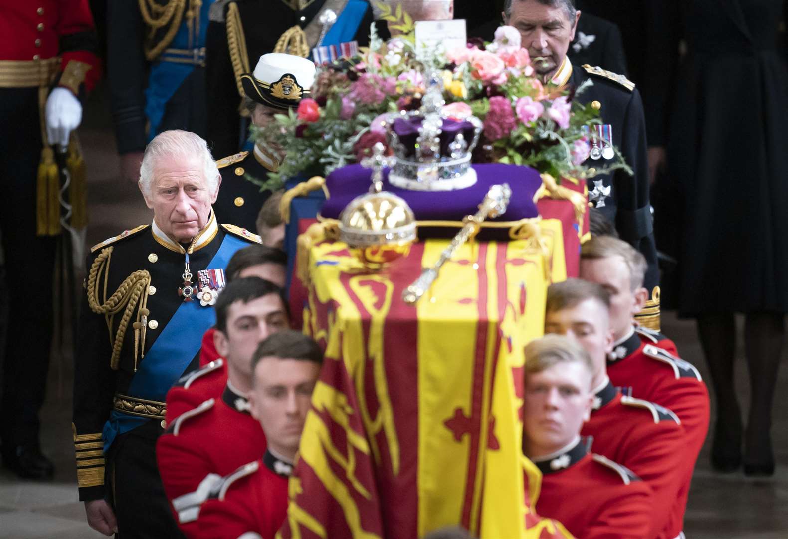 The King walking behind the Queen’s coffin (Danny Lawson/PA)