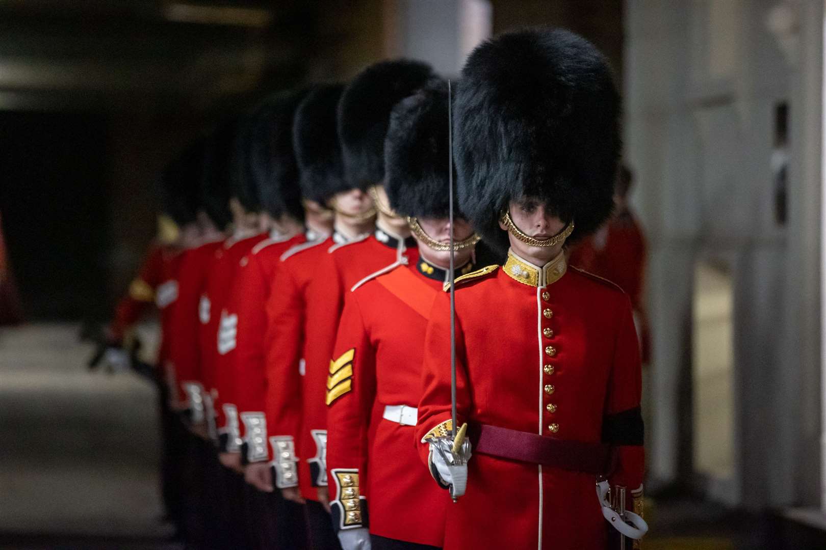 Members of the Grenadier Guards at Wellington Barracks, London, ahead of a final full dress rehearsal for the procession of the Queen’s coffin from Buckingham Palace to Westminster Hall (Corporal Paul Watson/MoD/PA)
