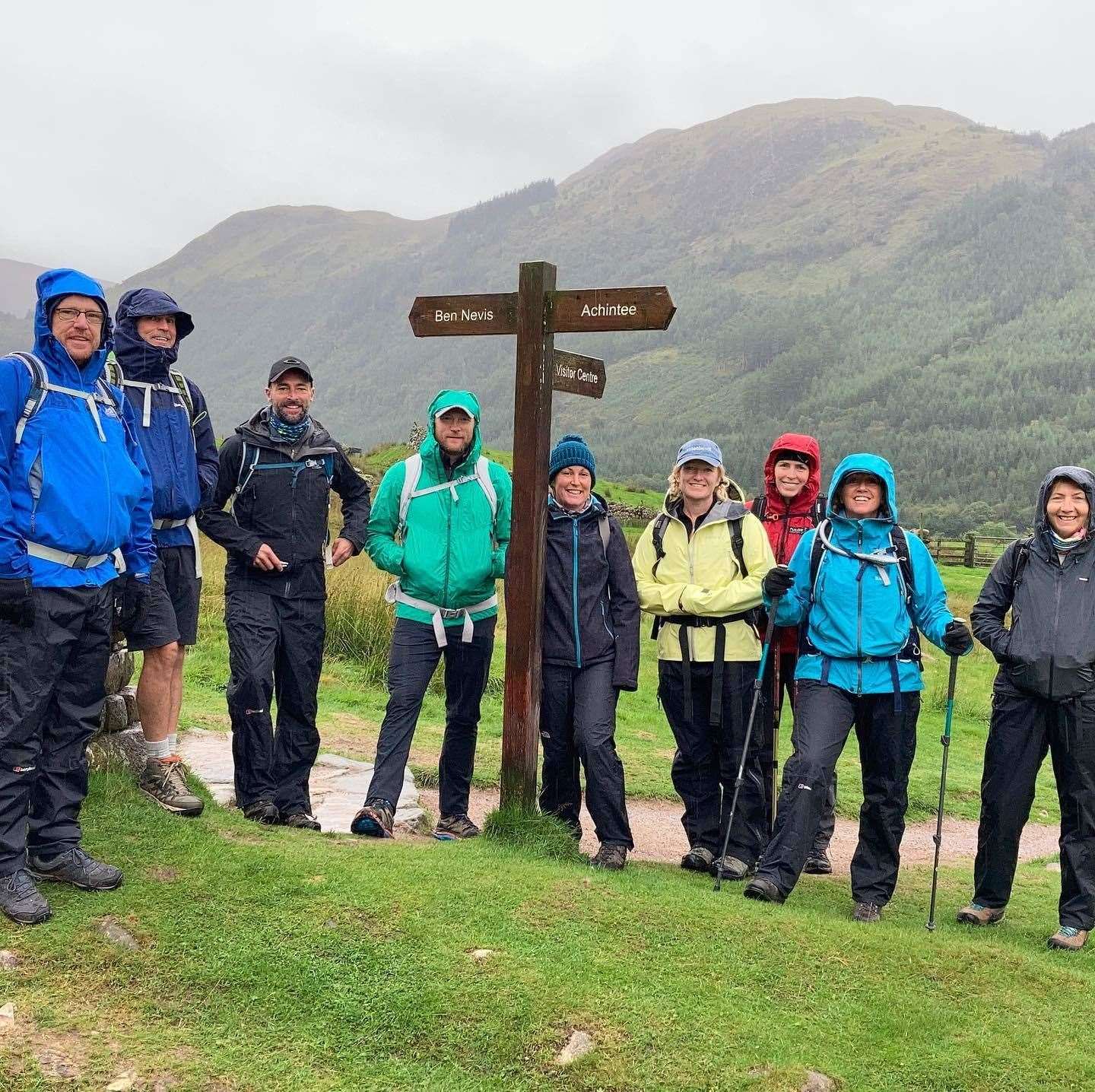 The team before they tackled Ben Nevis on a rainy day.