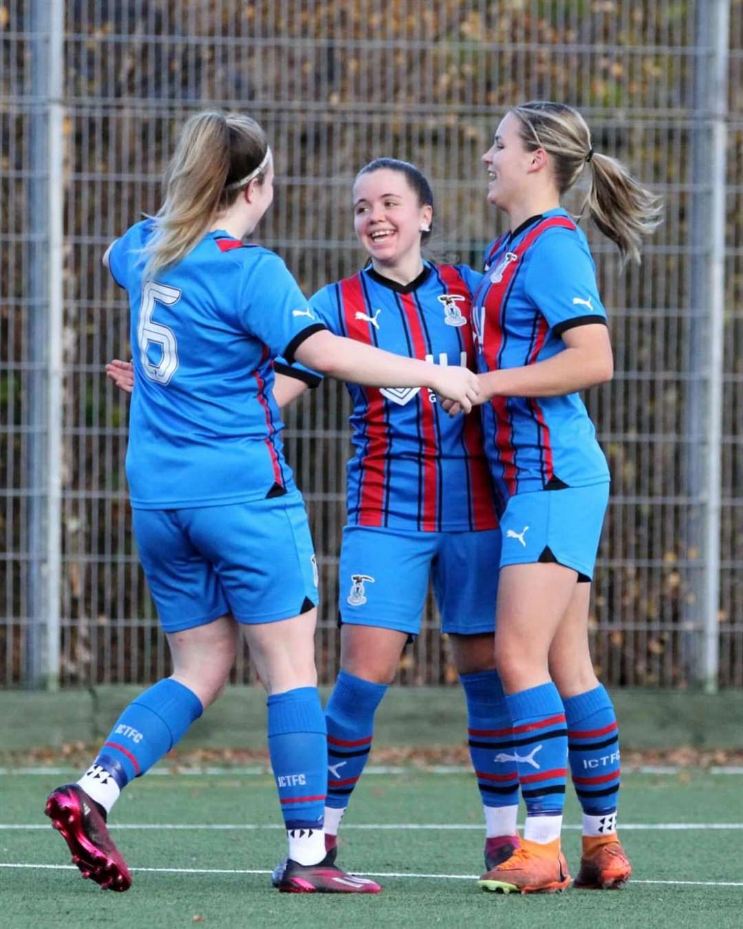 Three of Caley Thistle Women's scorers against Morton – Kayleigh Mackenzie, Betty Ross and Iona MacArthur – celebrate. Picture: Becky Dingwall