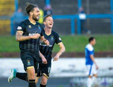George Oakley celebrates scoring in Tuesday night’s Betfred Cup victory over Cowdenbeath.