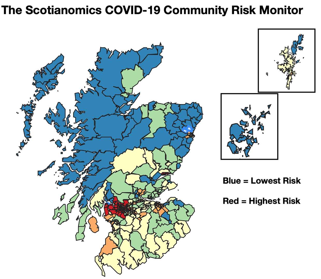 The map shows the transmission risk of coronavirus in different communities across Scotland.