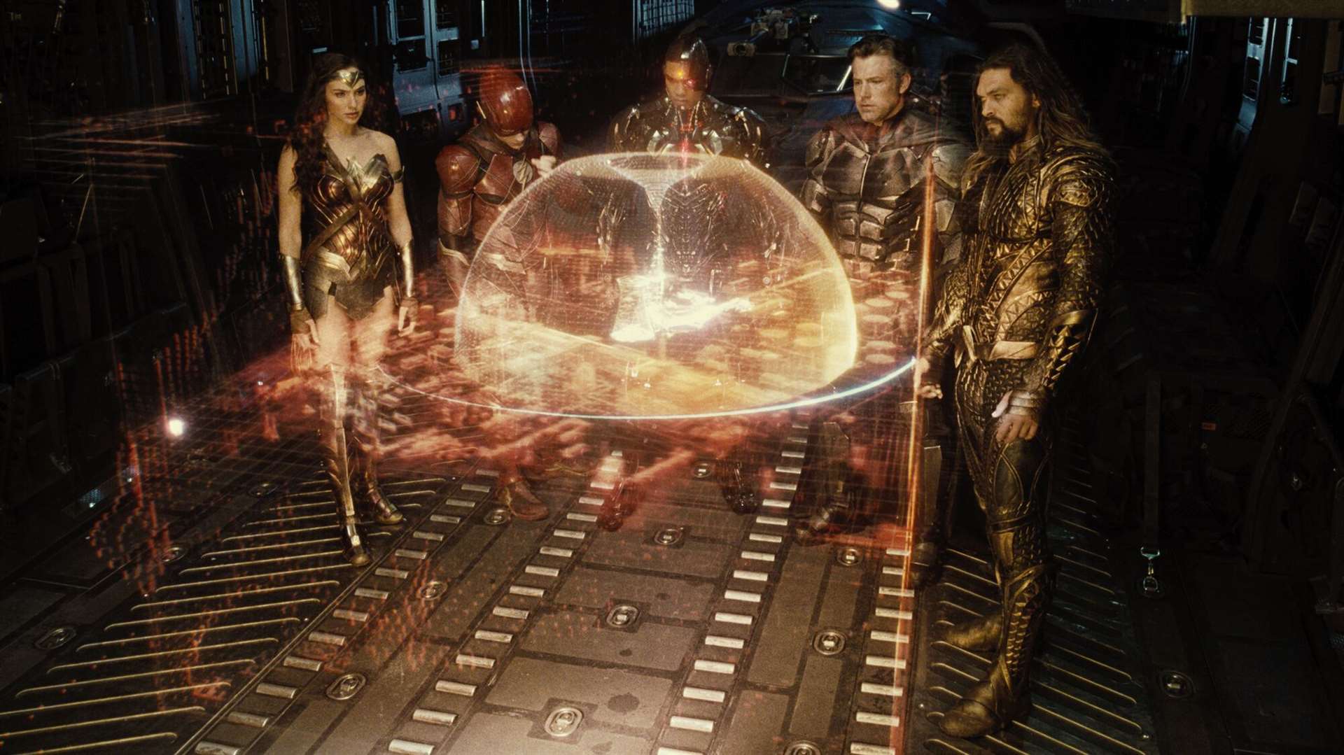 Gal Gadot as Wonder Woman, Ezra Miller as The Flash, Ray Fisher as Cyborg, Ben Affleck as Batman and Jason Momoa as Aquaman. Picture: PA Photo/Warner Bros. Entertainment Inc./DC Comics, Inc.