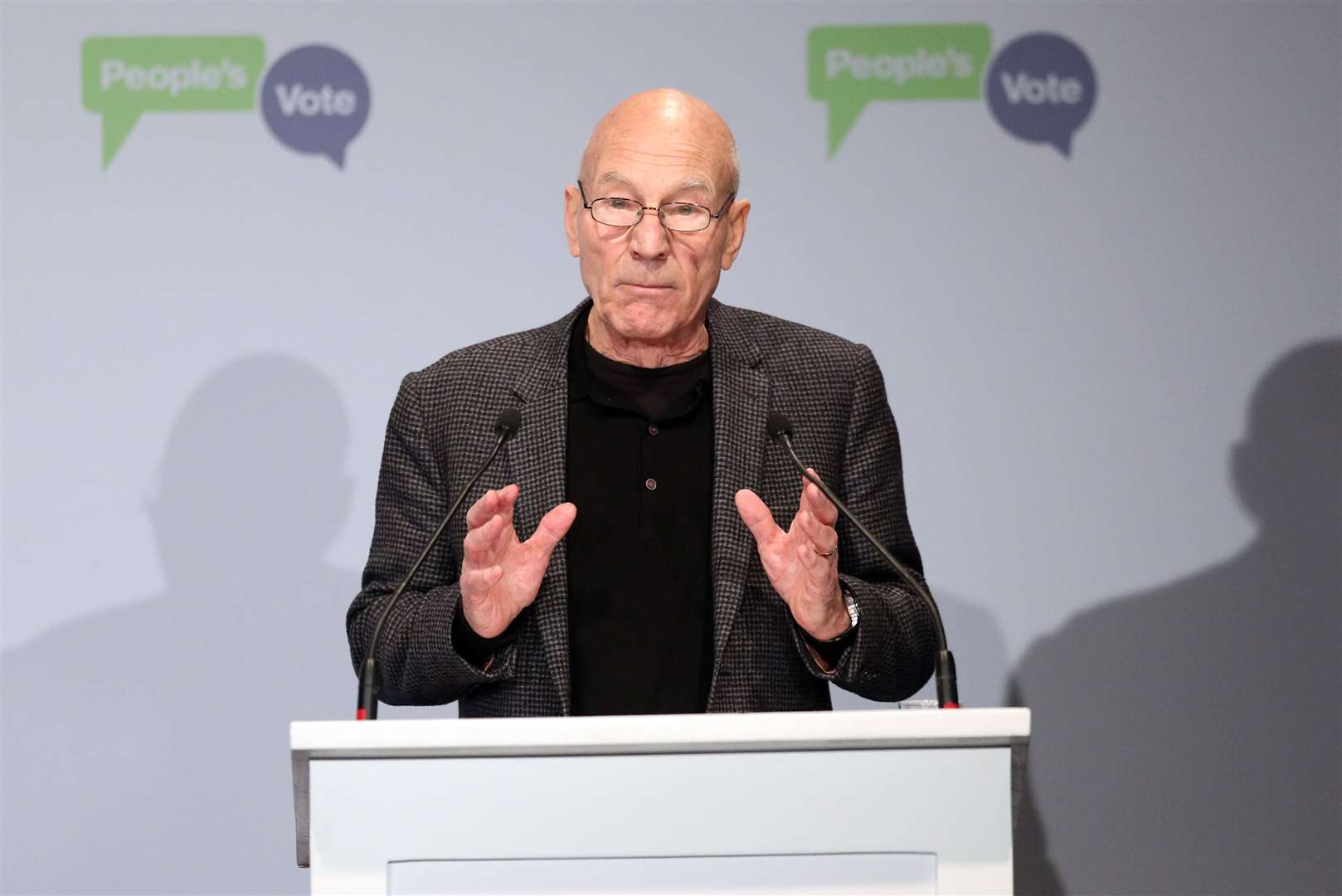 Sir Patrick Stewart addresses the crowd during the People’s Vote campaign launch on Brexit (Jonathan Brady/PA)