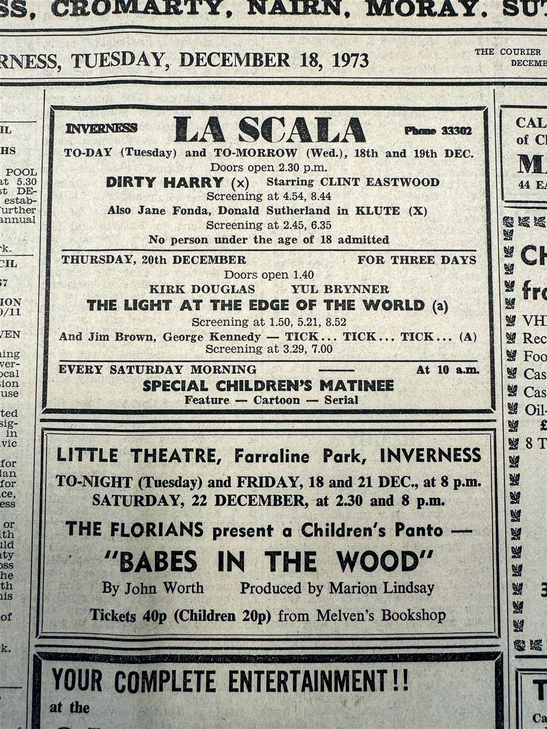 The film offerings at La Scala included Dirty Harry starring Clint Eastwood.