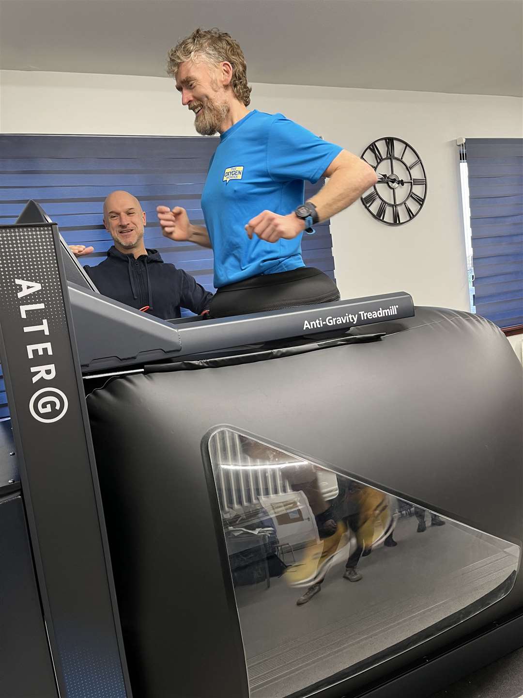 The anti-gravity treadmill at The Oxygen Works in Inverness. Vice chairman Mark Georgeson tries out the machine.