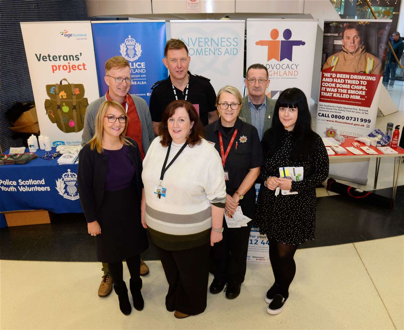 Taking the road safety message to the heart of the community. A multi-agency stall at Eastgate Shopping Centre featured (from left) community banker Laura Fraser, Les Hood of NHS Adult Support and Protection, Keri Jones of Police Scotland, Elaine Fetherston of Inverness Women's Aid, Elaine Taylor of the Scottish Fire and Rescue Service, Steve Henderson of the Veterans' Project and Dawn Kotschujew, of Advocacy Highland.