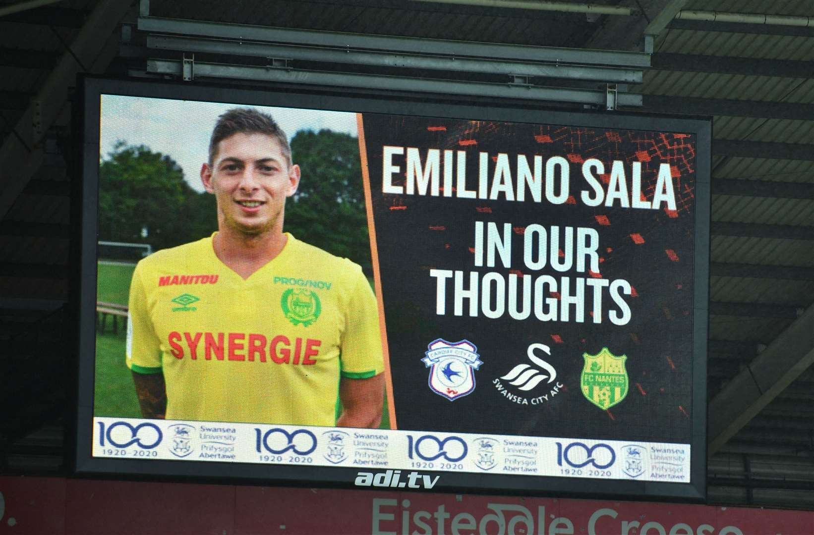 A tribute to Cardiff City striker Emiliano Sala is shown on the big screen at the Liberty Stadium, Swansea (PA)