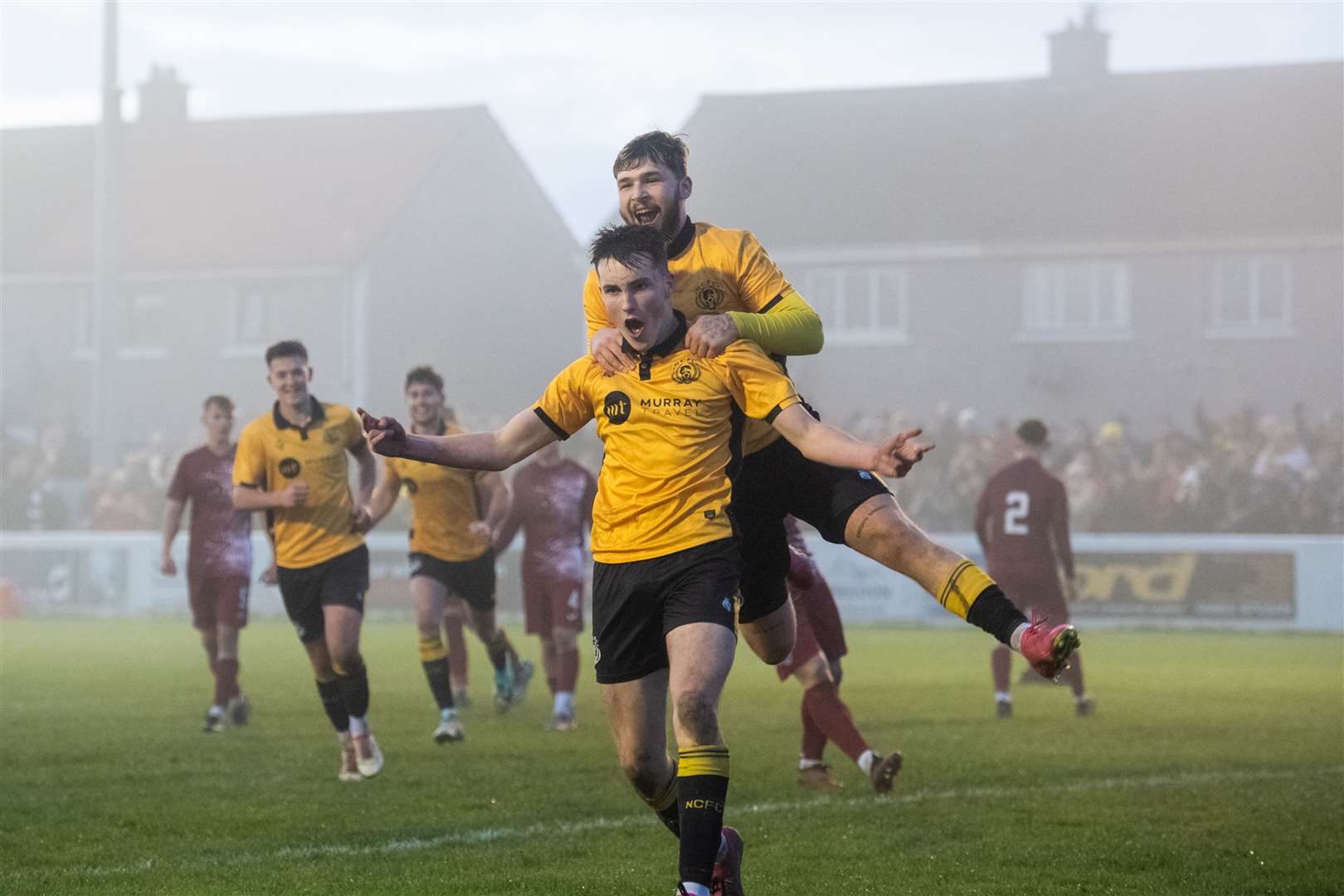 Nairn County celebrate after taking the lead in the North of Scotland Cup final against Ross County. Picture: Callum Mackay