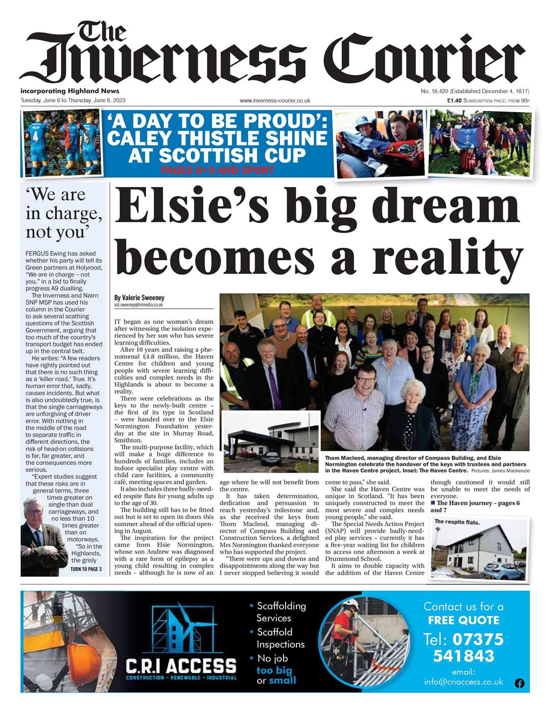 The Inverness Courier, June 6, front page.