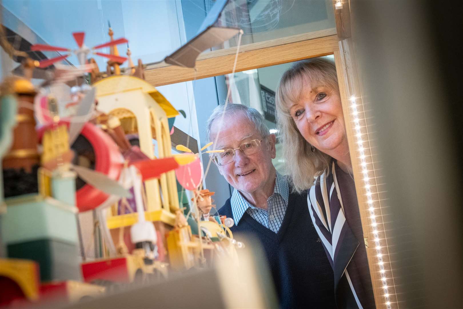 Ken Wilson, of the Rotary Club of Inverness Loch Ness, and Jackie Cuddy of the Eastgate Shopping Centre in Inverness, take a close up look at the working model. Picture: Callum Mackay.