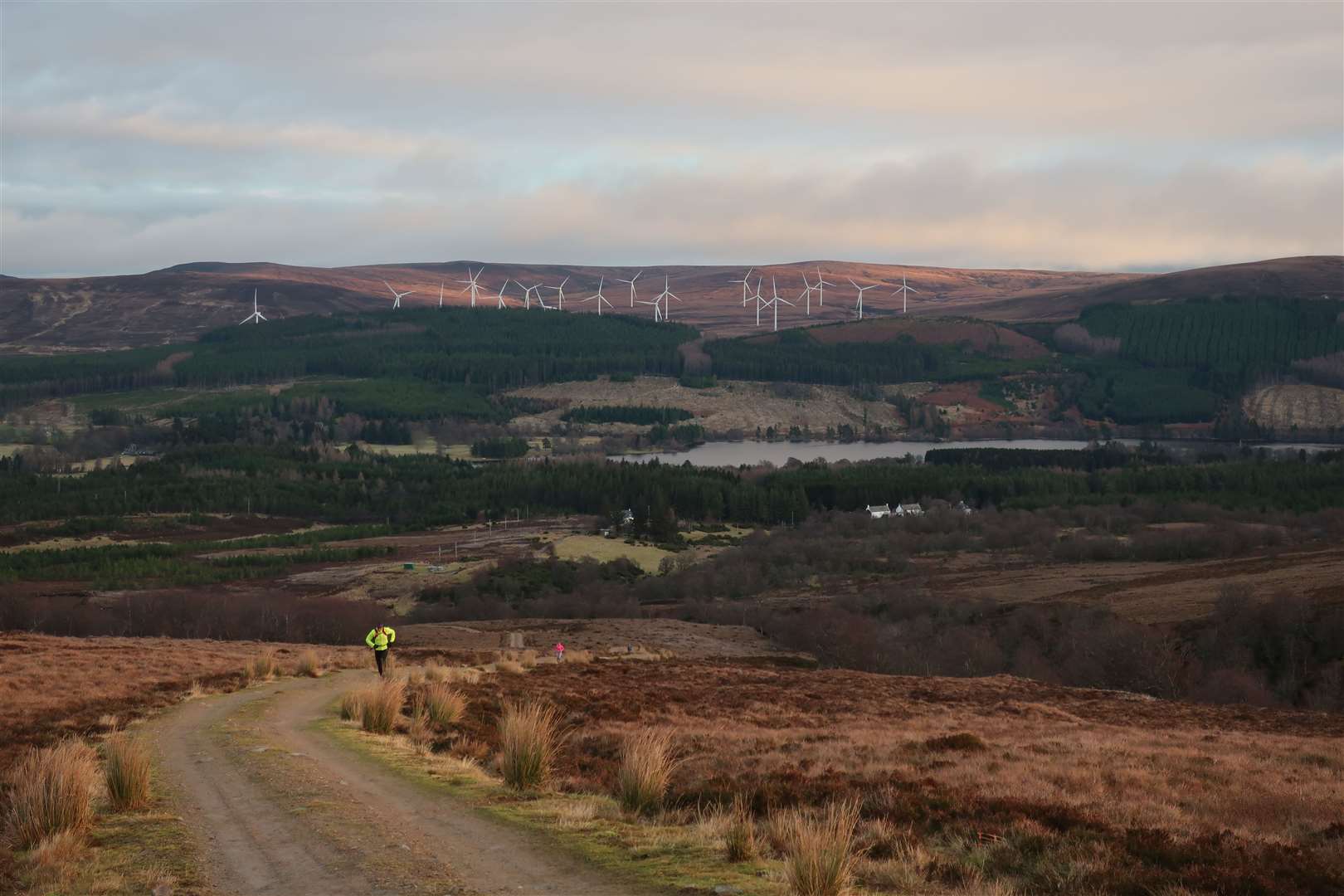 On the steep initial ascent overlooking Loch Moy and the Moy wind farm.