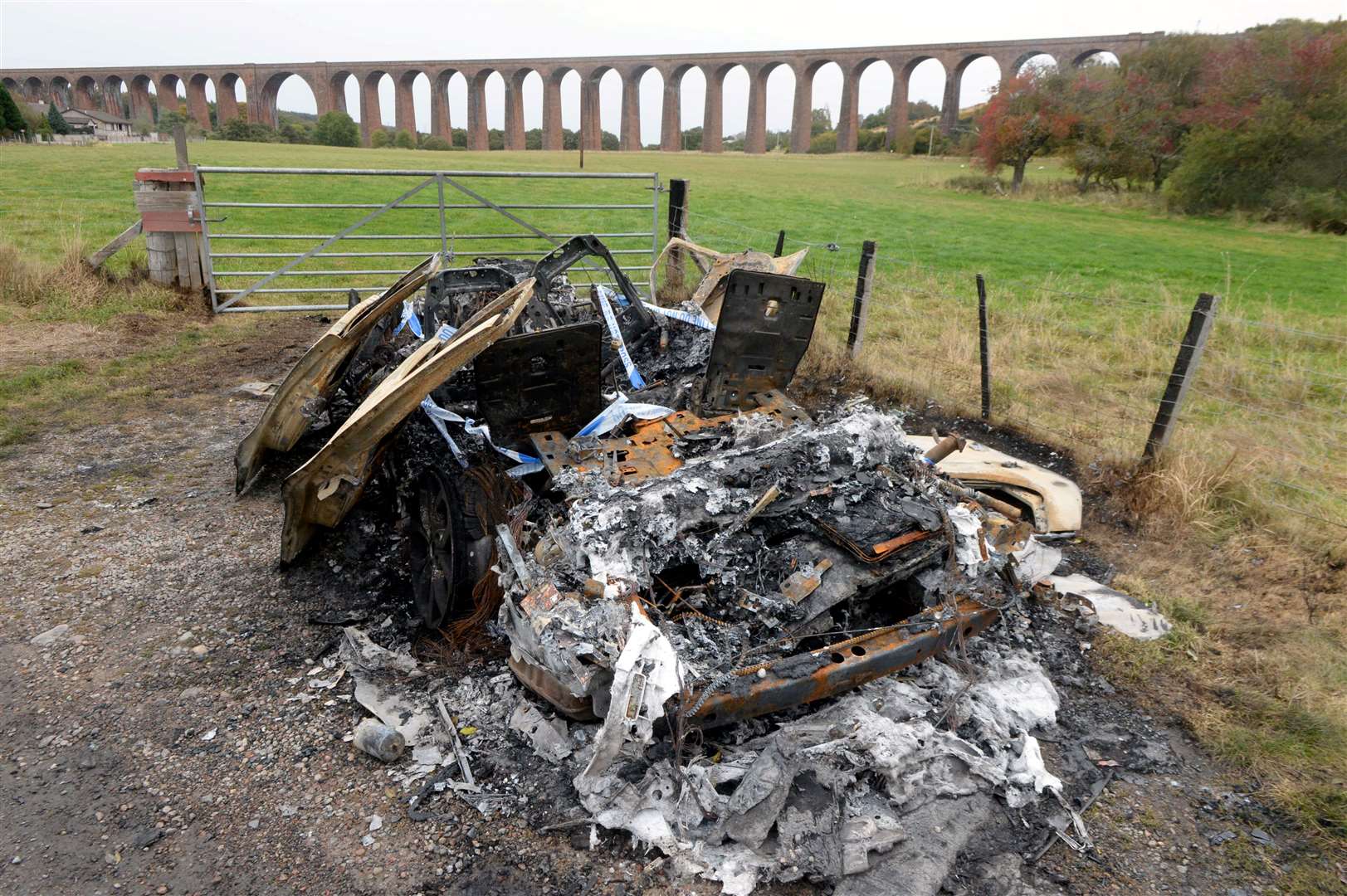 Burnt out car near Nairn Viaduct.Picture: James Mackenzie.