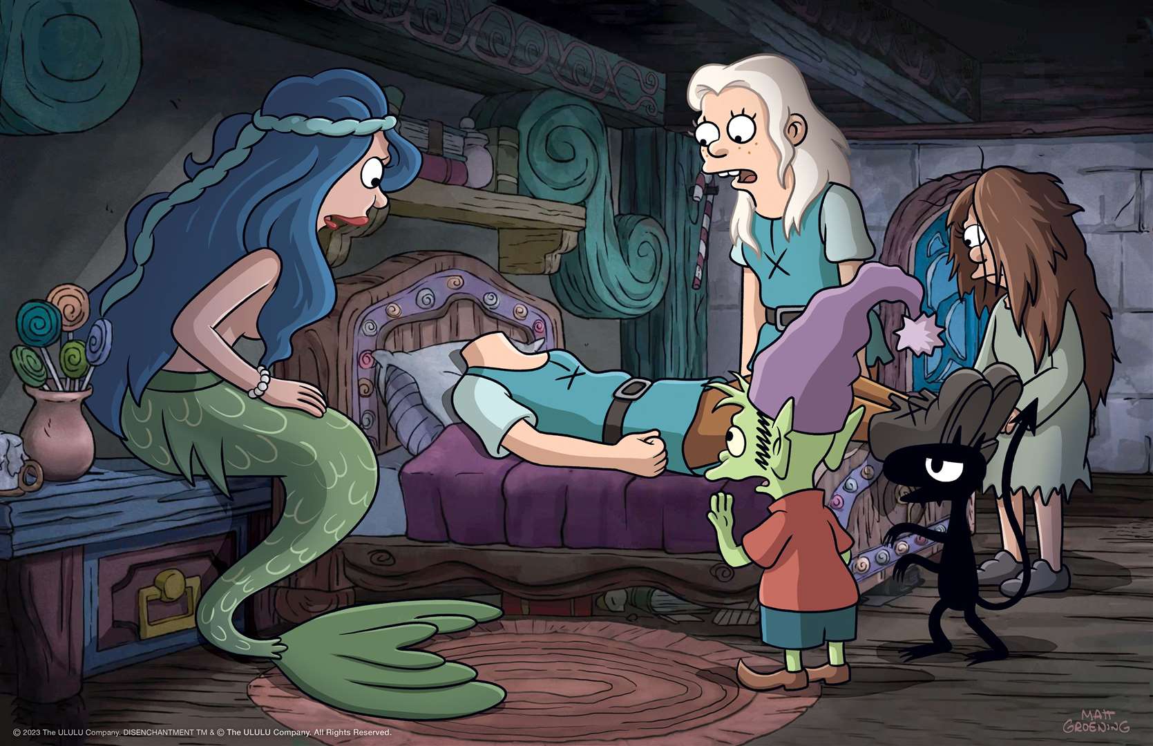 Disenchantment - Season 5. Pictured: Meredith Hagner as Mora, Abbi Jacobson as Bean, Nat Faxon as Elfo, Eric Andre as Luci and Lauren Tom as Miri. See PA Feature SHOWBIZ Download Reviews. WARNING: This picture must only be used to accompany PA Feature SHOWBIZ Download Reviews.MIME type:image/jpegWidth:3800Height:2459Copyright holder:Netflix © 2023 PA Media