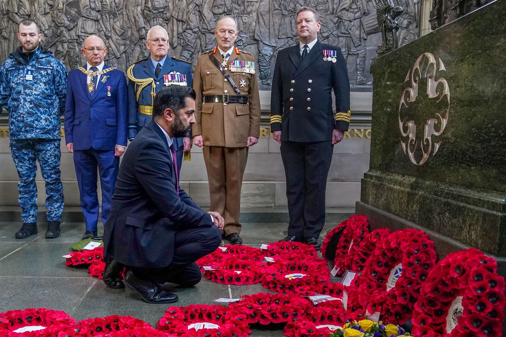 First Minister Humza Yousaf attends a memorial wreath-laying service at Edinburgh Castle (Jane Barlow/PA)