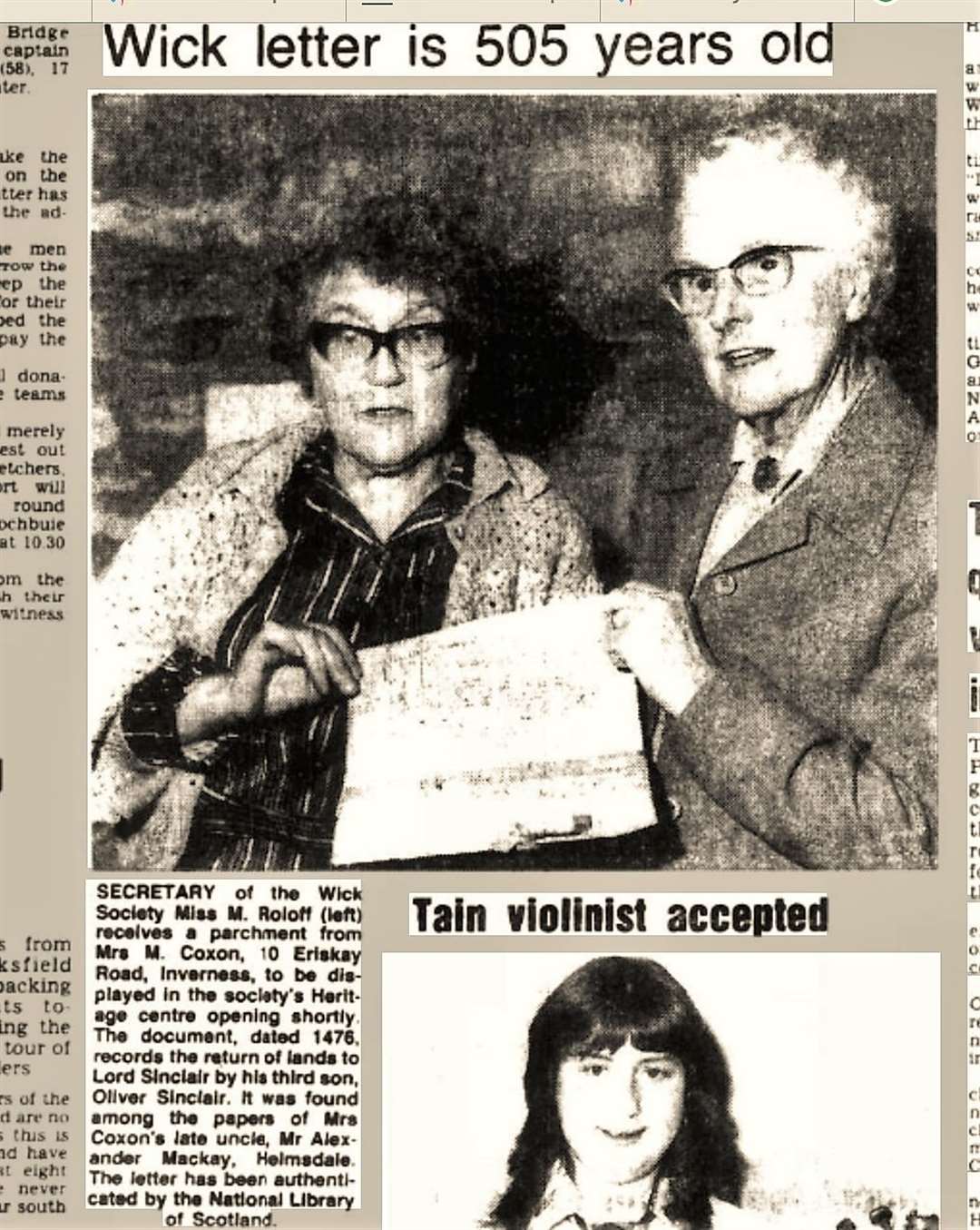 A newspaper clipping from 1981 showing when the document was given over to Wick Society.