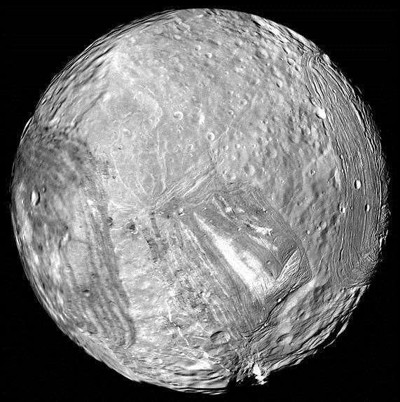 Uranus's moon Miranda, as photographed by the Voyager 2 spacecraft in 1986.