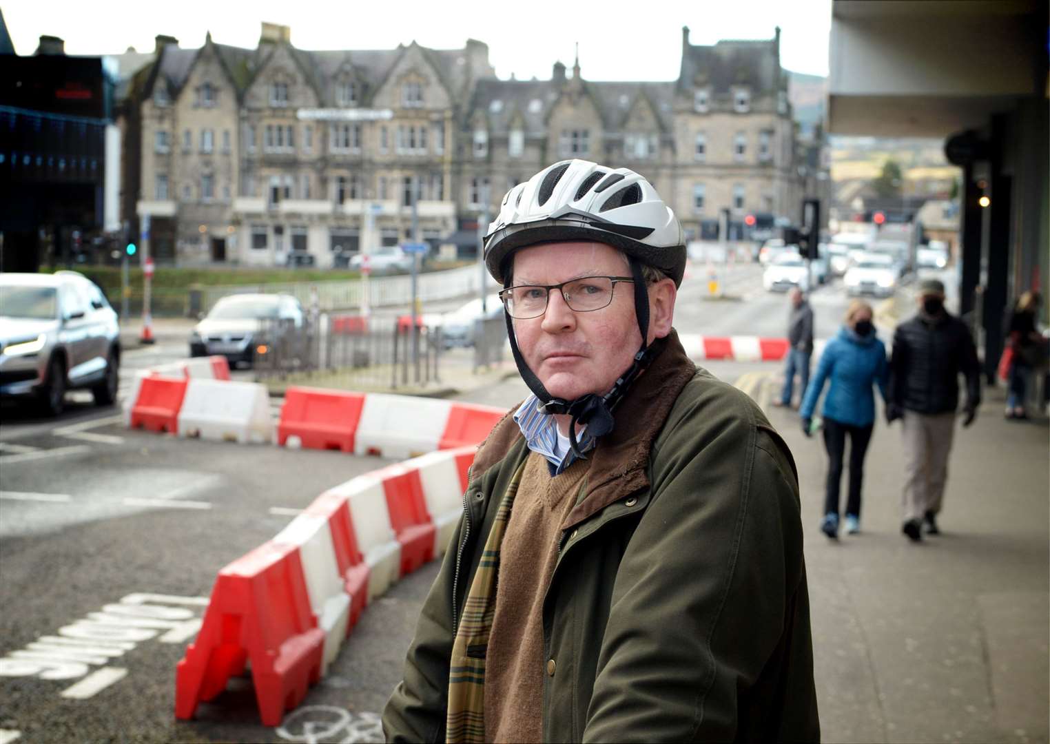 Donald Mackenzie at bollards for the Spaces for People..Donald Mackenzie, Inverness resident, has created a petition to have the "lego bricks" removed..Picture: James Mackenzie..