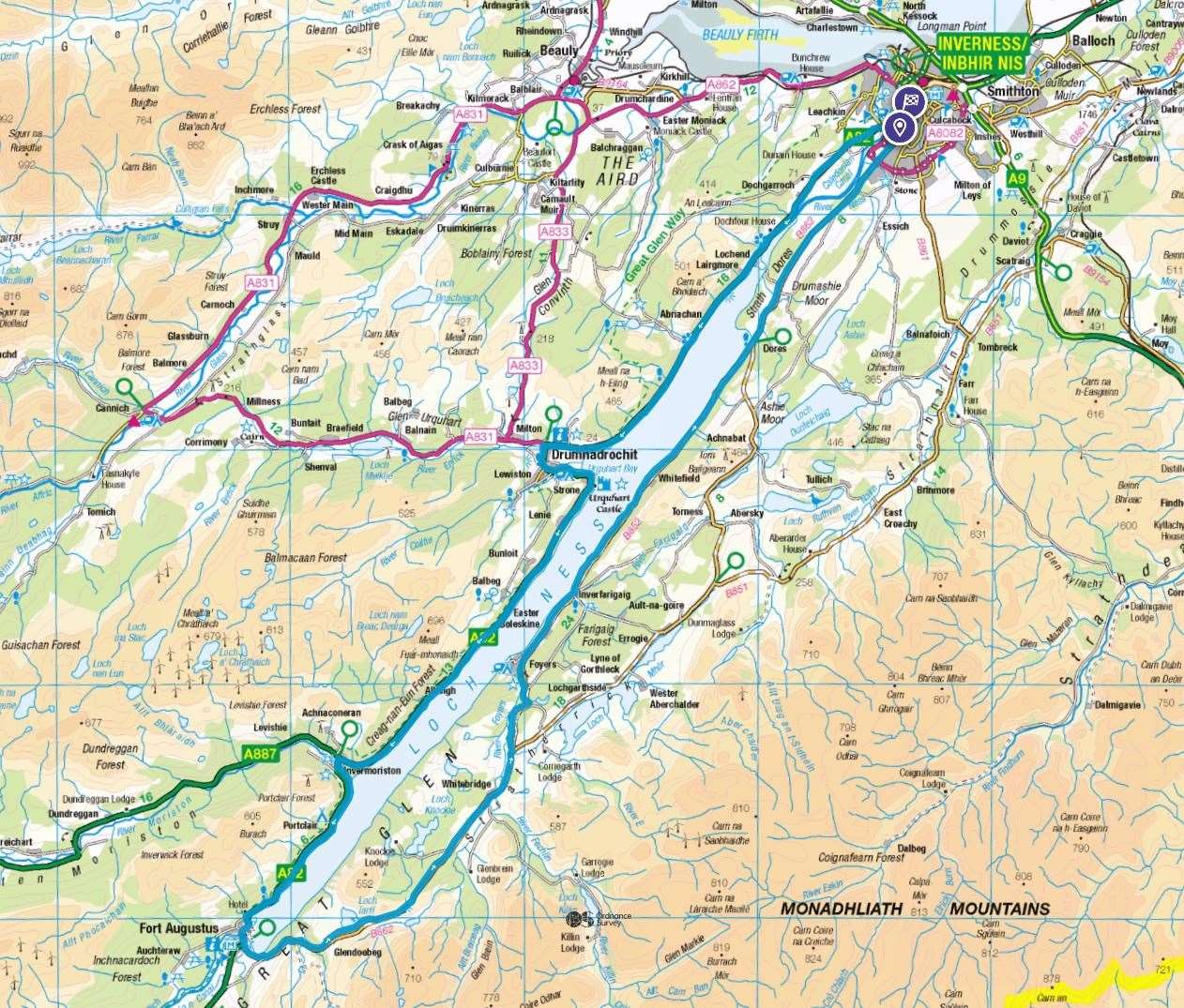 Etape Loch Ness route. ©Crown copyright 2024 Ordnance Survey. Media 034/24.