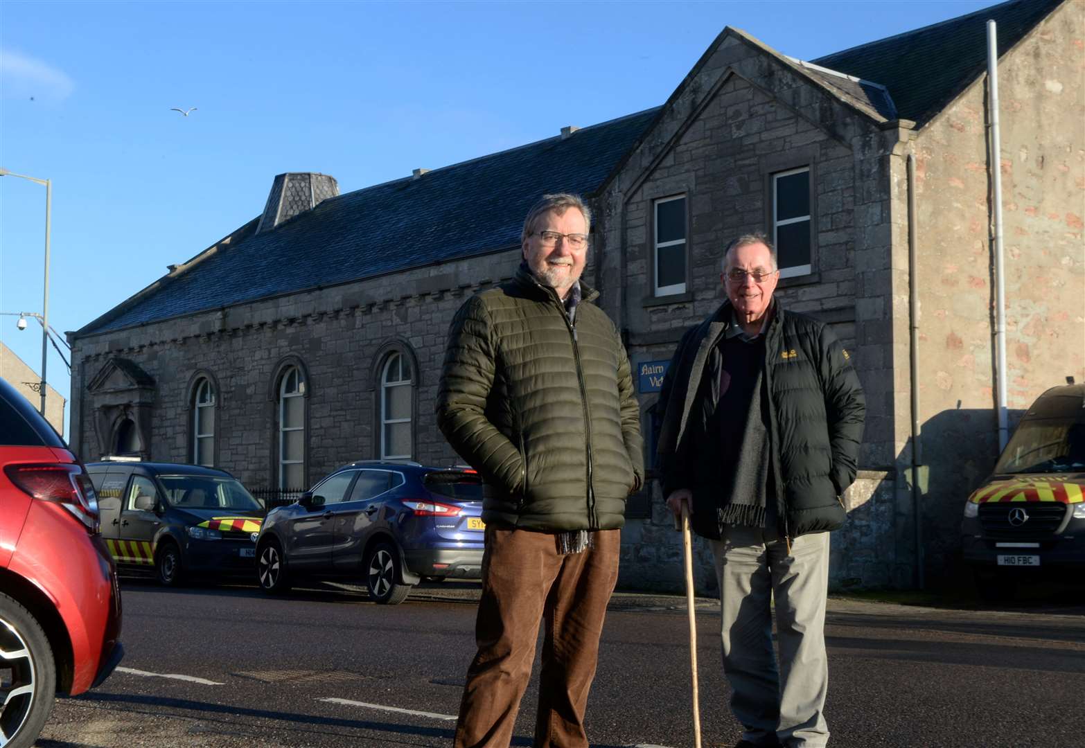 Simon Noble, chairman of Nairn Green Hive, and Ninian Coggs, convener of Nairn Seaman's Hall Trustees outside the Seaman's Hall.