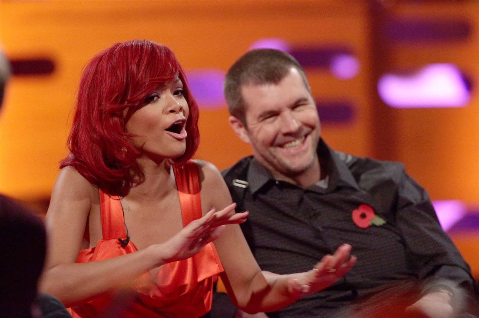 Rihanna and Rhod Gilbert during a recording of The Graham Norton Show (Yui Mok/PA)
