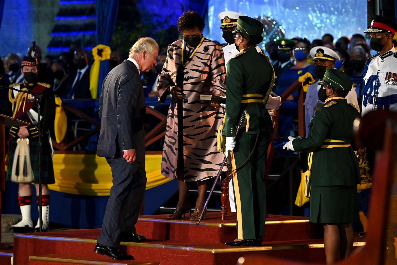 Charles receives the Freedom of Barbados award from Dame Sandra Mason during her presidential inauguration ceremony as the country became a republic in 2021 (Jeff J Mitchell/PA)