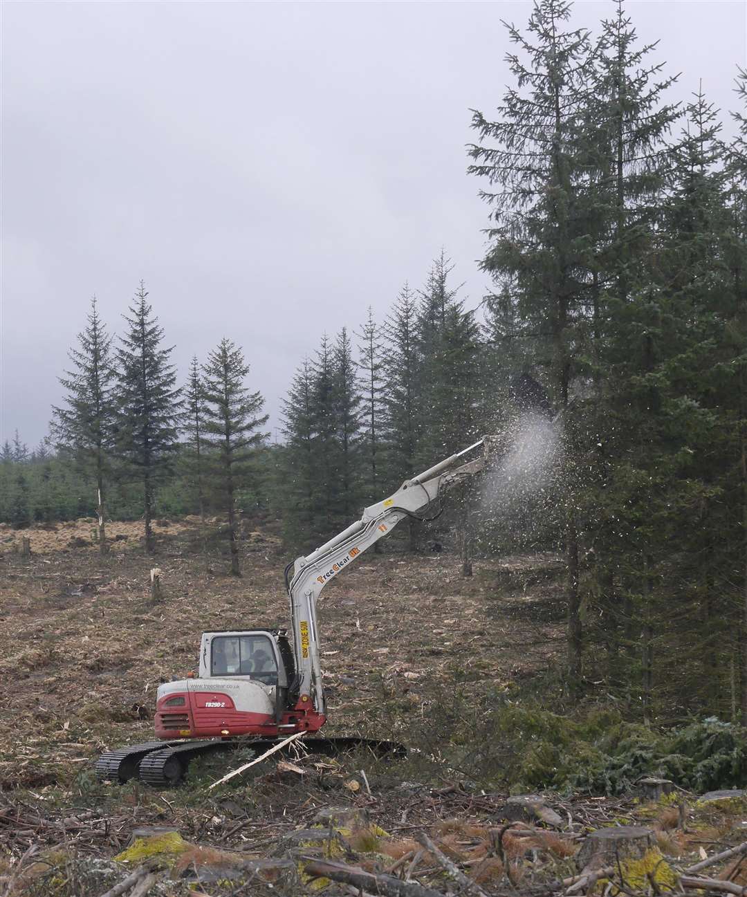 A hi-tech vertical mulching machine being used to remove trees to help restore part of the Border Mires in Kielder Forest as part of a swathe of ancient peat bogs in northern England’s “Border Mires” (Forestry England/PA)