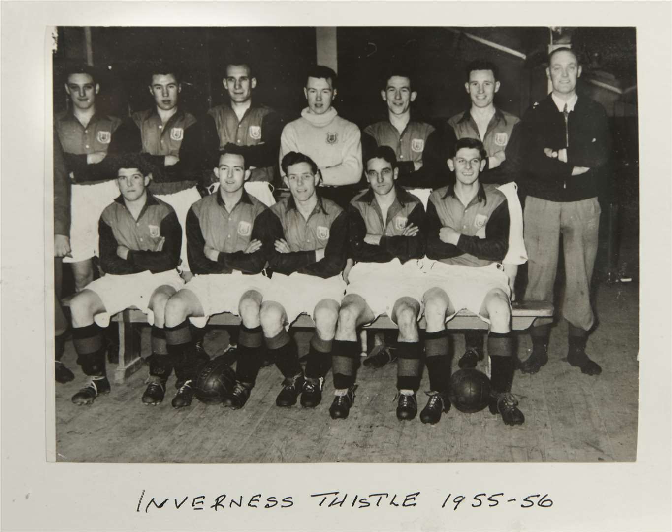 Inverness Thistle team of 1955-56: Back row Gordon Inkster, Dave Christie, Willie Roy, Murd Urquhart, Rod Clyne, Fred Nimmo and Tom McNiven (trainer) Front row: George Herd, Babsy Grant, Andy Mitchell, Willie Jamieson and Dils Hendry.