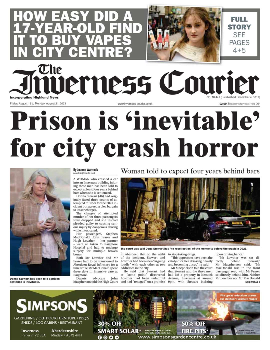 The Inverness Courier, August 18, front page.