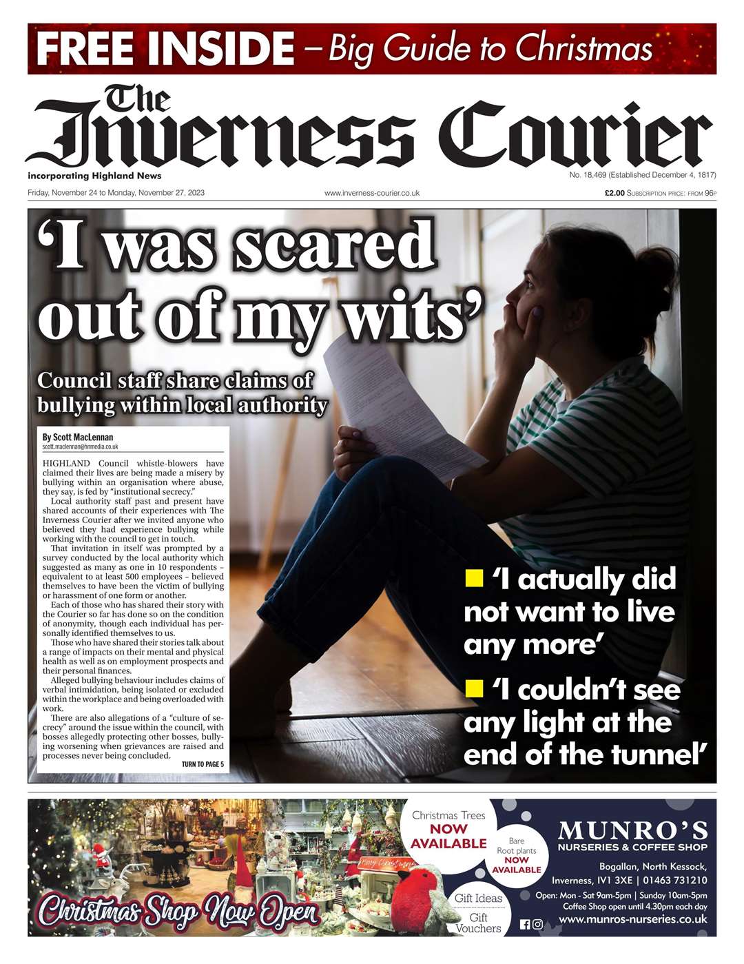 The Inverness Courier, November 24, front page.