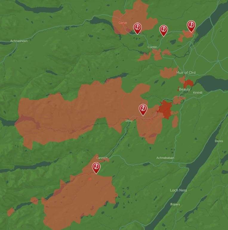 Some of the areas affected by power cuts on Thursday morning (highlighted in red). Picture: SSEN.
