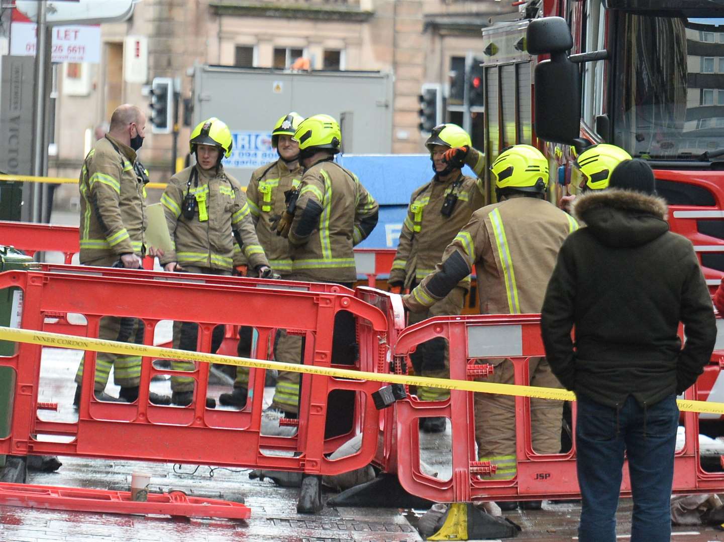 Firefighters remain at the scene in Union Street. Picture: Gary Anthony.