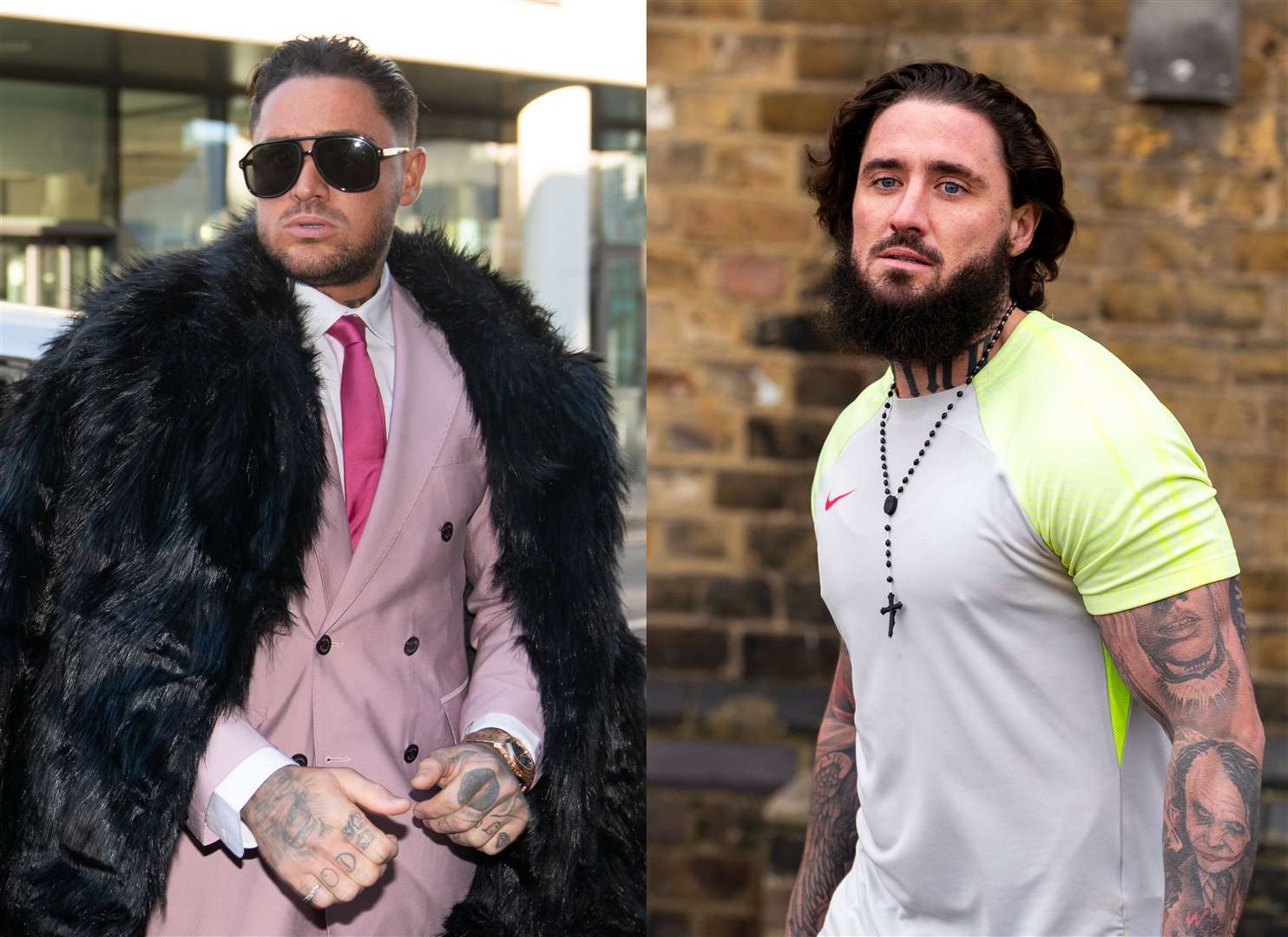 Reality TV star Stephen Bear outside Chelmsford Crown Court in December 2022, and after being released from HMP Brixton in south London on January 17 2024 (Joe Giddens/Jordan Pettitt/PA)